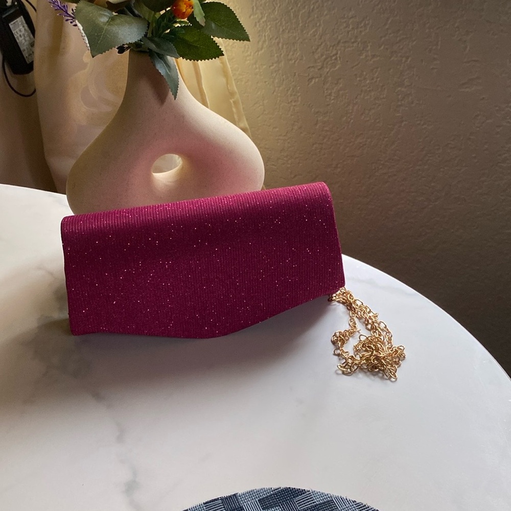 Pink and Gold Velvet Clutch with Chain Detail